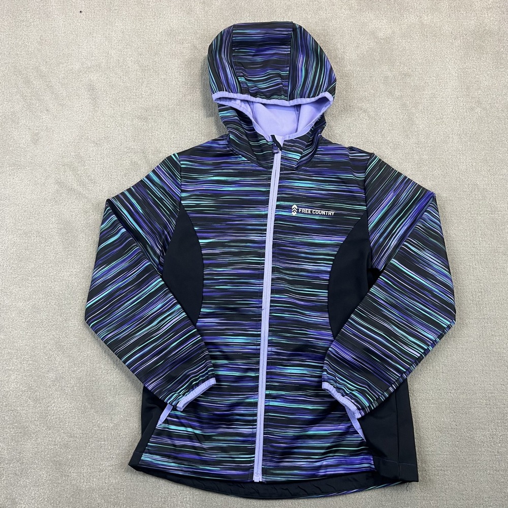 Free Country Softshell Jacket Girls XL 10/12 Purple Teal Striped Hooded Fleece